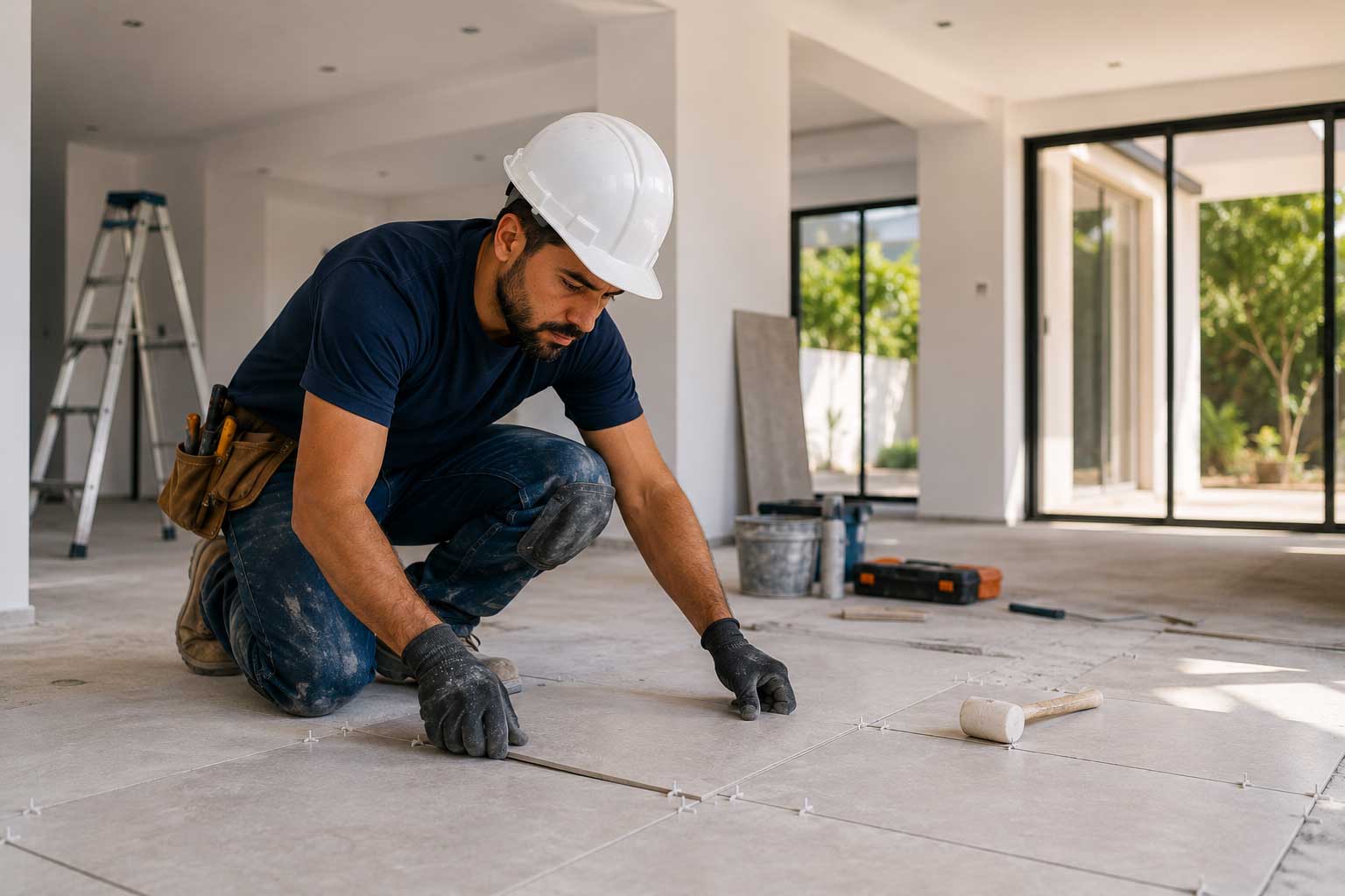 Profissional realizando instalação de piso durante reforma