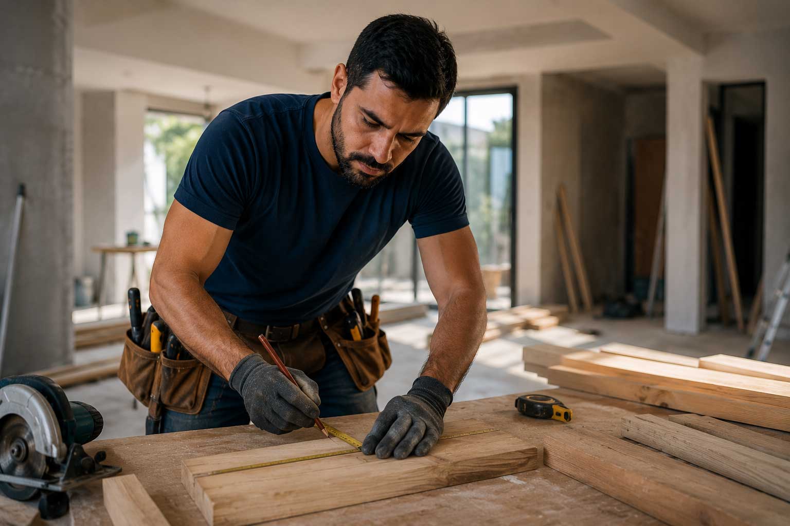 Profissional realizando trabalho de reforma com atenção aos detalhes